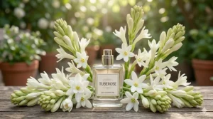 Infographic chart detailing the creamy, green facets of gardenia perfume versus the spicy, carnal, and animalic notes of tuberose fragrances.