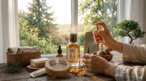 An infographic style layout demonstrating how to layer fresh citrus scents over heavy woody perfume bases.
