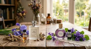 A detailed rustic tabletop display showcasing the iris vs violet perfume difference, featuring fresh purple iris flowers, raw orris roots, violet blossoms, perfume bottles labeled IRIS NOTES and VIOLET NOTES, and small ceramic dishes containing dried botanicals.