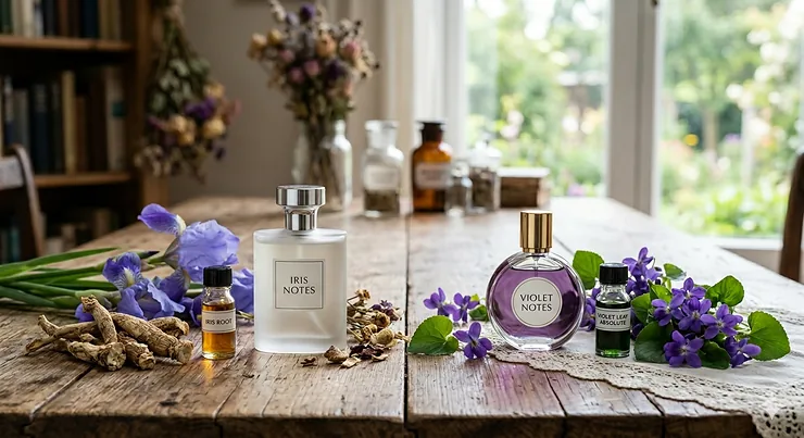 A side-by-side visual comparison of raw ingredients and perfume bottles for iris and violet. The left features fresh iris flowers and dried roots orris with bottles labeled IRIS NOTES and IRIS ROOT. The right features fresh violets with a purple bottle labeled VIOLET NOTES and a green absolute vial. iris vs violet perfume difference