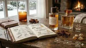 A step-by-step diagram showing how to layer winter amber fragrances with musk and woody notes for cold weather.