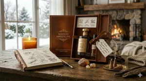 A beautifully wrapped luxury amber perfume box sitting under a decorated Christmas tree for a winter holiday gift idea.