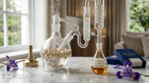 Pure essential oil being extracted from iris pallida rhizomes to create high-end luxury fragrances.