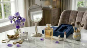 A collection of high-end beauty products featuring a prominent luxury iris perfume bottle on a modern gold and white vanity.