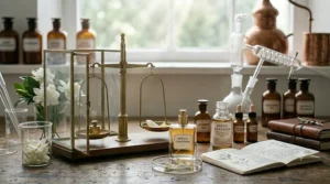 A perfumer extracting essential oils from fresh white gardenia flowers in a laboratory setting to create spring gardenia perfumes.