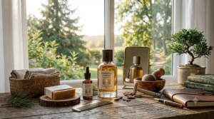 Sunlight breaking through a misty pine forest symbolizing the crisp, outdoor crispness of a morning fresh woody perfume.