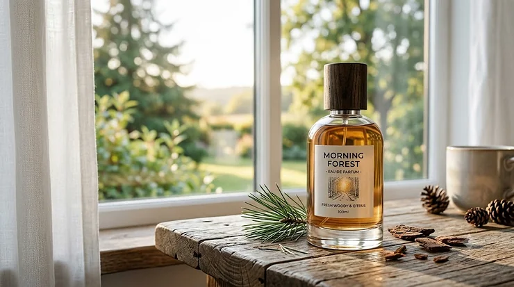A luxury bottle of morning fresh woody perfume capturing warm golden sunrise light on a minimalist stone surface.