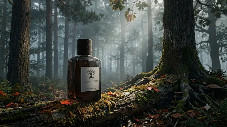 A luxury bottle of mysterious woody perfume placed on a mossy tree trunk in a dark, misty forest setting with moody lighting.