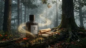 Raw sandalwood blocks and aromatic chips surrounding an amber glass cologne bottle, showcasing mysterious woody perfume ingredients.