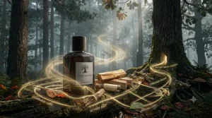 An elegant perfume bottle spraying a fine mist that blends into swirling incense smoke, representing a mysterious woody perfume sillage.