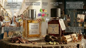 A price and value comparison infographic analyzing the cost breakdown of niche vs designer woody perfumes.