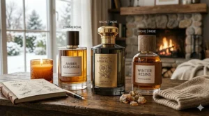 A minimalist line-art illustration showcasing popular niche and luxury winter amber fragrance bottles.