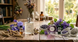 A well-lit apothecary workshop bench in front of a window, showcasing the ingredients that highlight the iris vs violet perfume difference, including a bouquet of blue-purple irises, a container of raw roots, a bottle of orris root essence, a jar of iris accord, a flask of violet notes, a small vial of violet leaf absolute, and a mortar and pestle with fresh violets.