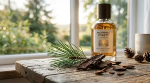 Raw aromatic sandalwood logs alongside a modern glass bottle containing a fresh woody morning perfume.