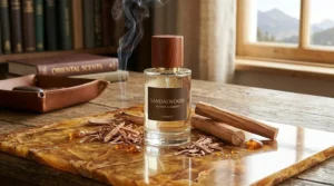A photorealistic close-up of the specific 'SANDALWOOD VETIVER & AMBER' cologne bottle from the comparison image, isolated on a polished warm amber surface. It is surrounded by plentiful sandalwood logs, wood chips, and smooth amber nuggets, with delicate incense smoke rising, all bathed in soft, natural daylight, emphasizing its luxury and rich oriental fragrance profile.