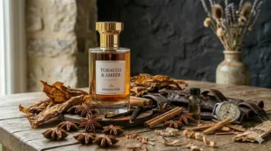 Textured dark brown leather material beside smoky wood elements for leather fragrance profiling.