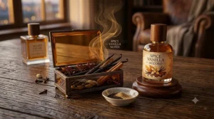 A highly detailed 4K photorealistic illustration showing a collection of whole vanilla beans, star anise, cinnamon sticks, and cardamom in a vintage dark metal box on a wooden table, illuminated by warm natural light, designed to represent the 'spicy vanilla' notes in an evening tobacco fragrance.