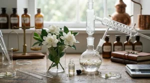 A flat lay display of a white gardenia blossom, fresh jasmine petals, and green tea leaves showing the fragrance notes of a spring gardenia perfume.