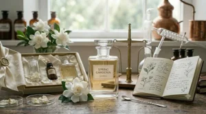 A chic vanity table arrangement displaying a spring gardenia perfume bottle next to a makeup brush holder and a vase of fresh flowers.