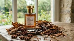 Raw dried tobacco leaves with warm vanilla pods illustrating sweet tobacco vs leather fragrance ingredients.
