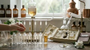 A portable rollerball version of a spring gardenia perfume being slipped into a stylish linen handbag for a day out.