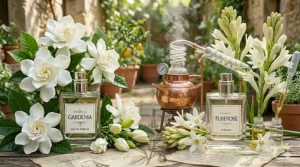 An illustrative graphic explaining the delicate solvent extraction process used to capture natural tuberose absolute and synthetic gardenia perfume accords.