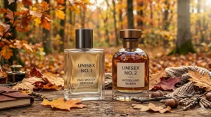 Two sleek, modern perfume bottles showcasing gender-neutral and unisex fall woody perfumes for the autumn season.