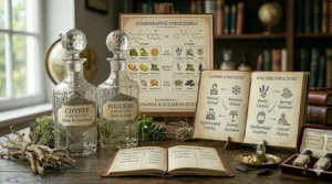 An autumn and spring seasonal guide highlighting when to wear a complex chypre vs a fresh fougere perfume based on occasion.