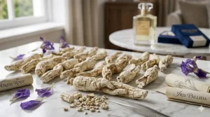 Dried orris roots used to age and extract the scent for expensive luxury iris perfume, justifying its worth.