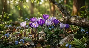 An intricate nature composition featuring purple spring blossoms, a detailed spiderweb with a spider suspended on a mossy branch, an old vintage key, a bird feather, and acorns on the ground.