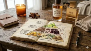 An elegant illustration breaking down the warm base notes of winter amber fragrances, highlighting vanilla, benzoin, and labdanum.
