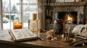 A side-by-side visual guide comparing lighter amber colognes for daytime wear with dark, spicy oriental perfumes for winter nights.