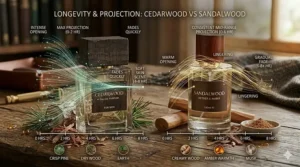 A photorealistic 4K comparison chart illustration set on rustic oak, showing the performance differences between cedarwood vs sandalwood cologne. Visualized scent clouds with light trails track longevity and projection over 8 hours: the crisp cedarwood scent diminishes rapidly, while the warm sandalwood scent lingers and maintains mid-range projection. Specific scent icons like pine and amber reinforce the notes. Natural daylight from the window illuminates the scene.
