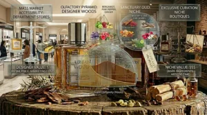 A visual guide to woody perfume sub-genres including cedar, vetiver, and smoky oud varieties in niche and designer lines.