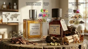 An olfactory fragrance pyramid breakdown highlighting the complex notes found in niche vs designer woody perfumes.