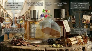 A performance chart comparing the longevity and scent projection of niche vs designer woody perfumes over twelve hours.