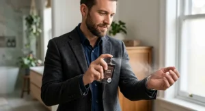 Man applying a sweet chocolate scented cologne for men under 50 dollars to his wrist.