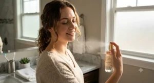 Woman spraying an affordable warm salted caramel and vanilla fragrance mist