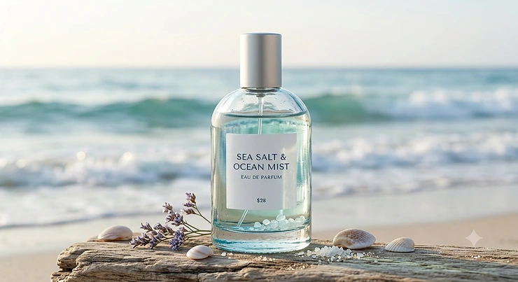 An aesthetic glass bottle of sea salt perfume for young women under 30 dollars set against a soft ocean wave background. sea salt perfume for young women under $30