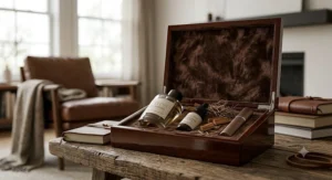 A luxury cologne gift set featuring an ageless woody fragrance nestled inside a polished mahogany presentation box.
