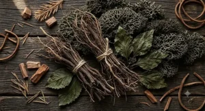 Flat lay illustration of perfume ingredients including vetiver roots, patchouli leaves, and oakmoss used in an ageless woody fragrance.