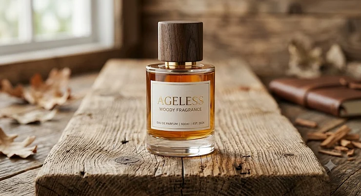A luxury perfume bottle displaying an ageless woody fragrance, resting on a rustic cedar wood plank with soft studio lighting.