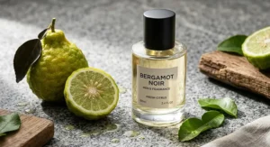 Close-up of fresh bergamot citrus fruit and a bottle of budget-friendly men's fragrance under forty dollars with crisp studio lighting.