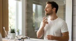 An American man in a classic white t-shirt applying a refreshing bergamot cologne to his neck during his morning routine.