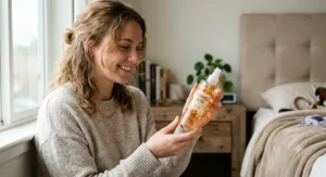 Woman holding a cheap caramel scented body mist for women with warm amber notes