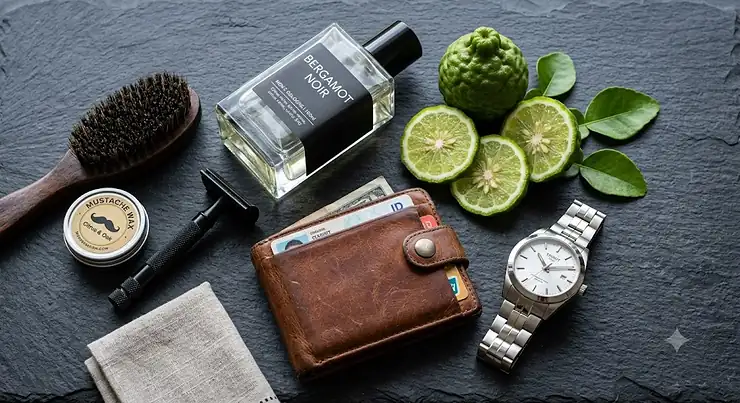 A flat lay of a man's daily grooming routine featuring a fresh bergamot cologne, leather wallet, and silver watch on a dark background. bergamot cologne under $40 for men