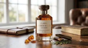 A rich amber-colored glass cologne bottle highlighting a classic and ageless woody fragrance profile.