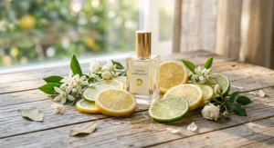 Purse size glass lemon perfume bottle surrounded by fresh citrus slices and white flowers