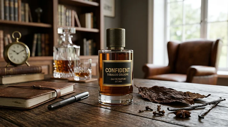 A sleek glass bottle of confident tobacco cologne resting on a dark wood surface, surrounded by rich amber lighting.
