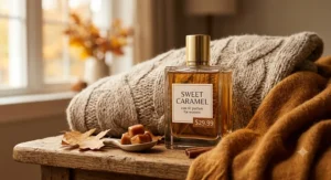 Cozy fall caramel perfume for women on a budget surrounded by warm sweater fabric